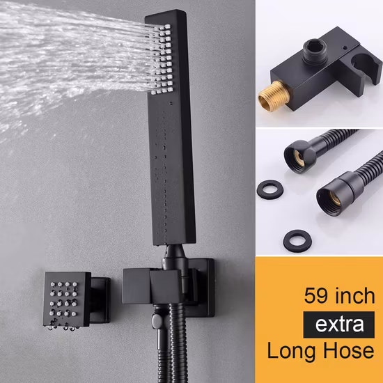 Mattschwarzes Duschsystem mit mehreren Regenköpfen, 16-Zoll-Decke, großer quadratischer Regenwasserhahn, 6 Ganzkörper-Sprühdüsen, extra langer Handschlauch